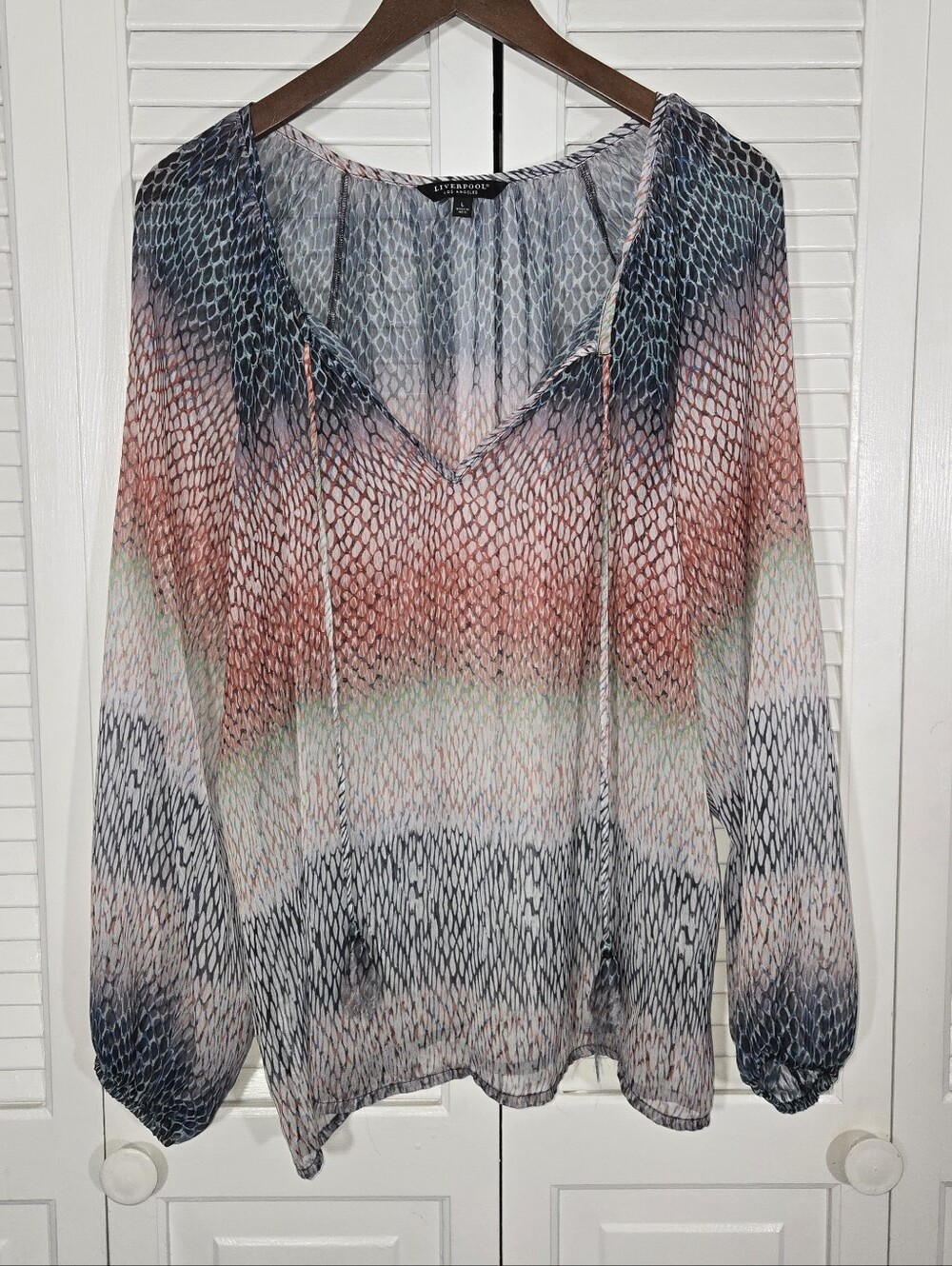 Liverpool Tie Neck Shirred Ombre Snake Skin Print Boho Semi Sheer Relax Blouse L